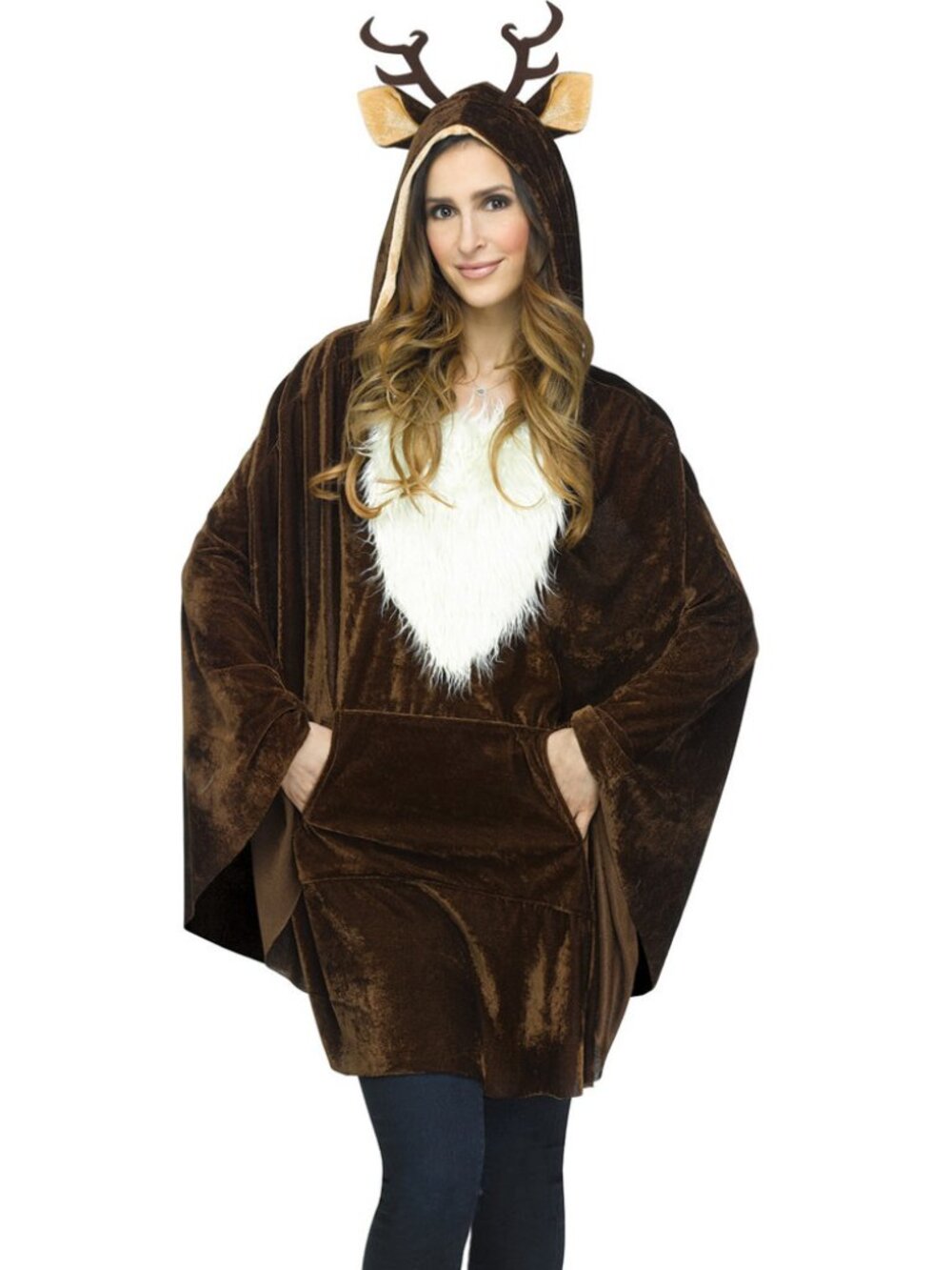 Brown White Pullover Reindeer Poncho Antlers Adult Christmas Costume Halloween